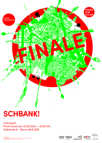 Das Bild zeigt das SchBank!-Motiv, einen grünen Wasserfleck auf der Karte von Düsseldorf.